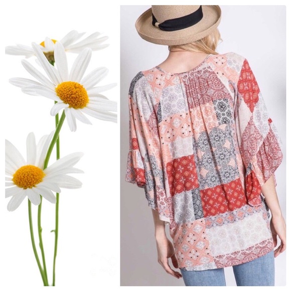 Abigail Boho Patchwork Tie Front Draped Top - Picture 3 of 8